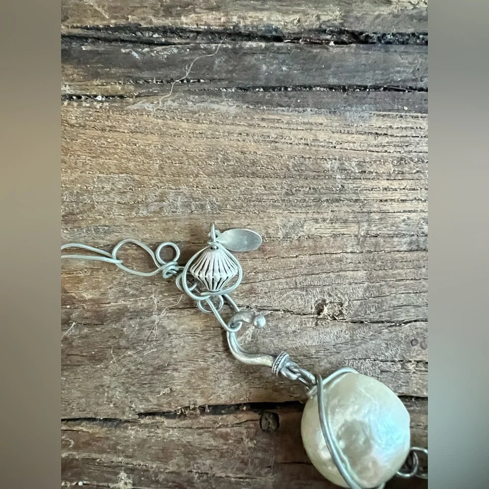 Abra Couture Silver Rock  & faux pearl  Necklace Silver Wire Handmade 14